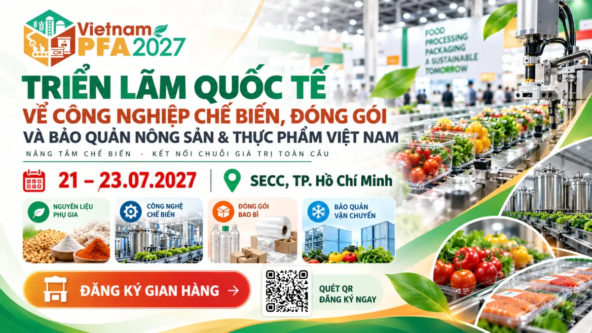 Banner Vietnam PFA 2027 về công nghiệp chế biến, đóng gói và bảo quản nông sản, thực phẩm tại SECC, TP. Hồ Chí Minh
