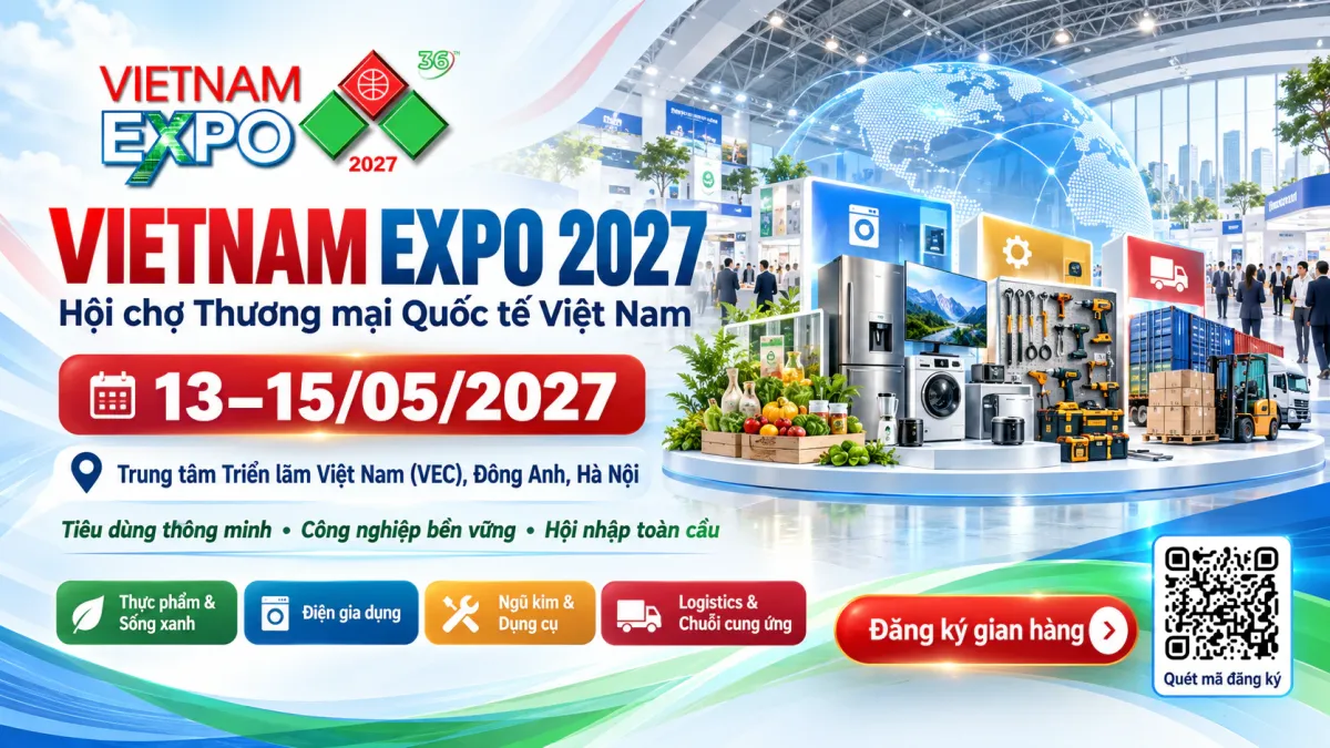 Banner VIETNAM EXPO Hà Nội 2027, diễn ra 13–15/05/2027 tại Trung tâm Triển lãm Việt Nam (VEC), giới thiệu thực phẩm & sống xanh, điện gia dụng, ngũ kim & dụng cụ và logistics.